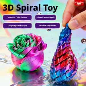 Puede incluir: Un juguete espiral 3D con forma de rosa y de lágrima. La rosa es verde y rosa, la lágrima es roja y azul. La imagen incluye el texto "3D Spiral Toy" y otros textos descriptivos.