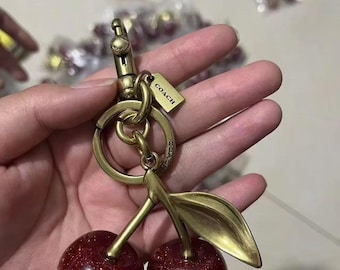 Cherry Bag Charm Keychain, Red Glitter Cherry Key Ring, Gold Tone Fruit Bag Accessory, Y2K Aesthetic, Gift for Her