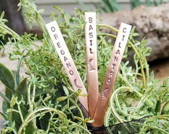 May include: Three copper plant markers with the words "Basil", "Cilantro", and "Oregano" engraved on them. The markers are inserted into a terracotta pot filled with green plants.