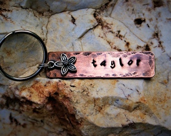 Hand Stamped Personalized Copper Key Chain with Silver Flower Charm