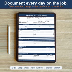 Puede incluir: Una tableta digital que muestra una plantilla de informe diario de campo con secciones para personal, clima, retrasos, subcontratistas, equipo y materiales. Un lápiz óptico blanco está colocado a la izquierda sobre una superficie de madera.