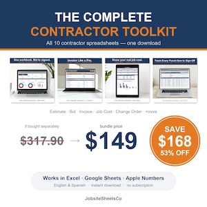 Complete Contractor Toolkit: 10 Excel & Google Sheets Templates — Estimate, Invoice, Bid, Job Cost, Change Order, Punch List - Spanish