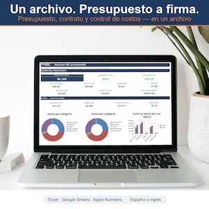 Peut inclure: Un écran d'ordinateur portable affichant un tableau de bord de résumé budgétaire avec le texte Un archivo. Presupuesto a firma. Presupuesto, contrato y control de costos — en un archivo. L'écran présente des données financières et des graphiques.