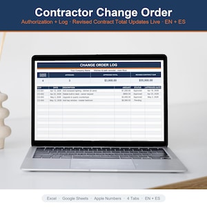 Contractor Change Order Authorization - Excel, Google Sheets, Apple Numbers - Auto-Calculating Log - English + Spanish