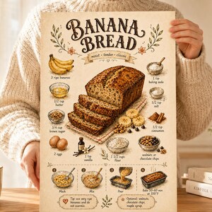 Puede incluir: Un póster de estilo vintage con una receta de pan de plátano. El póster presenta ilustraciones de ingredientes como plátanos, mantequilla y harina, junto con instrucciones paso a paso. El título "BANANA BREAD" se muestra en la parte superior.