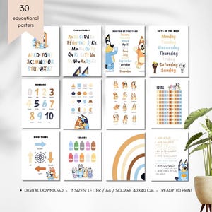 Puede incluir: Un conjunto de 12 carteles educativos con ilustraciones coloridas. Los carteles presentan el alfabeto, los números, las formas, los colores, los días de la semana, los meses del año y afirmaciones. Diseñado para niños.