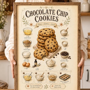 Puede incluir: Un cartel enmarcado con una receta de galletas con chispas de chocolate. El título "Chocolate Chip Cookies" está en la parte superior, con ingredientes e instrucciones debajo. La imagen incluye ilustraciones de ingredientes.