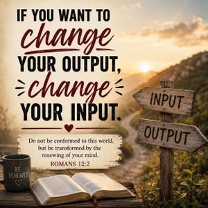 May include: A wooden signpost with arrows labeled Input and Output stands beside an open book and a mug labeled Be Renewed. The text reads: If you want to change your output, change your input. Do not be conformed to this world, Romans 12:2.