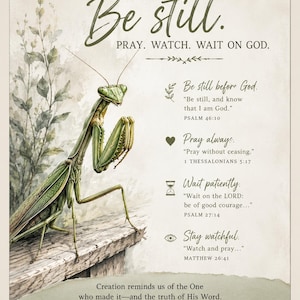 May include: A wall art print featuring a green praying mantis perched on a wooden ledge. The text reads: Be still. PRAY. WATCH. WAIT ON GOD. It includes four sections with scripture references: Psalm 46:10, 1 Thessalonians 5:17, Psalm 27:14, and Matthew 26:41.