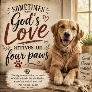 以下が含まれることがあります： ゴールデンレトリバーが「Sometimes God's Love arrives on four paws」および「The righteous care for the needs of their animals, but the kindest acts of the wicked are cruel. PROVERBS 12:10」と書かれた看板の横に座っています。小さな看板には「Loved Chosen Faithful Forever」と記されています。