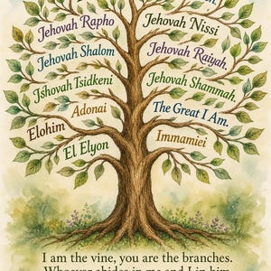 May include: Watercolor illustration of a tree with names of God on the leaves. The trunk is brown, the leaves are green, and the background is a soft blend of blue and green. Text at the bottom reads "I am the vine, you are the branches. John 15:5."