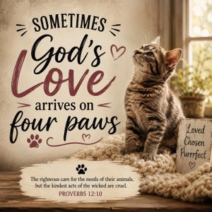 Könnte beinhalten: Ein braunes getigertes Kätzchen sitzt auf einer cremefarbenen Strickdecke neben einem kleinen Holzschild mit der Aufschrift Loved Chosen Purrfect. Der Text lautet Sometimes God's Love arrives on four paws und enthält den Bibelvers Sprüche 12:10.