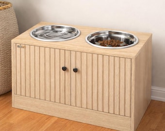Meuble de rangement avec gamelles pour chiens intégrées