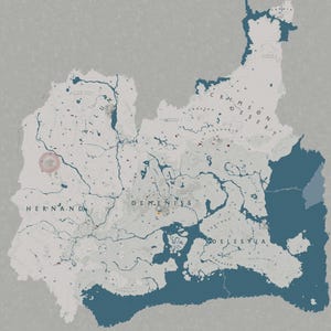 Op de afbeelding: Een gedetailleerde kaart met een gedempt kleurenpalet, met landmassa's, wateren en geografische kenmerken. De kaart bevat tekstlabels zoals "Hernand", "Demeniss" en "Crimson Desert". Het ontwerp suggereert een fantasie- of historisch thema.