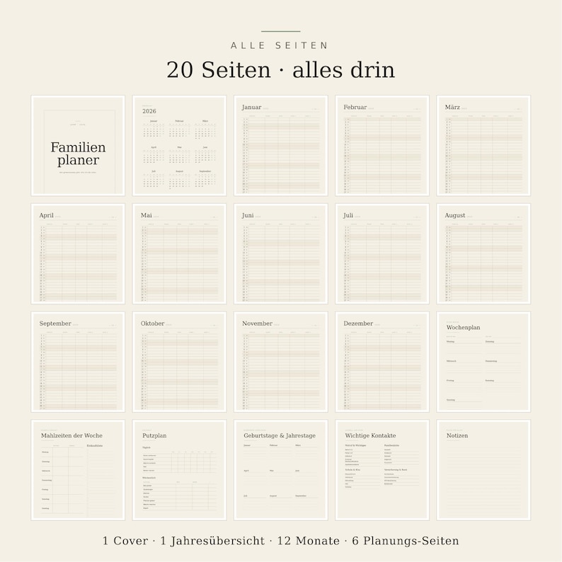 Familienplaner 2026 zum Ausdrucken | Familienkalender PDF 5 Spalten A4