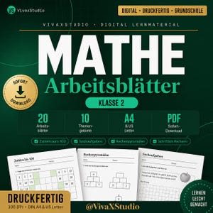 Può includere: Quaderno di matematica digitale per studenti di seconda elementare. La copertina presenta la parola "MATHE" in grandi lettere bianche, con "Arbeitsblätter" sotto. Include 20 fogli di lavoro, 10 temi, formato A4 e US Letter e download PDF.