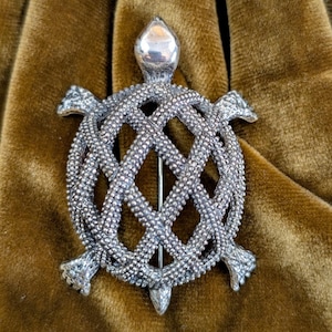 Vintage Silver Tone Turtle Brooch Textured Openwork Shell Statement Animal Pin