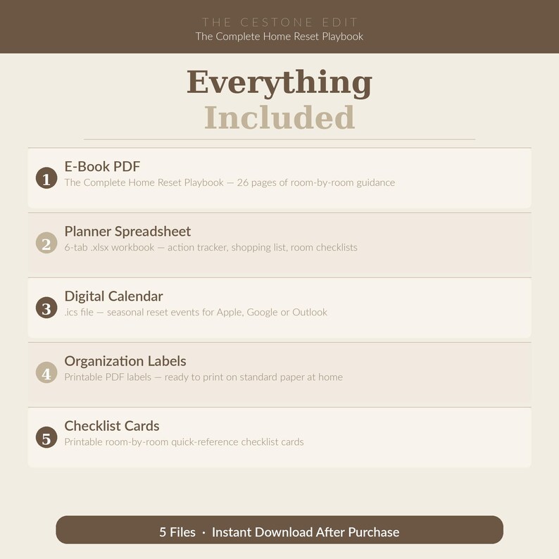 May include: A digital download graphic listing included items: E-Book PDF, Planner Spreadsheet, Digital Calendar, Organization Labels, and Checklist Cards. The text "Everything Included" is displayed in a brown and beige colour scheme.