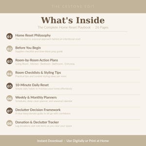 May include: A beige digital download from The Cestone Edit, titled "What's Inside". The 26-page playbook covers home reset philosophy, room-by-room action plans, checklists, styling tips, and decluttering. Includes a 10-minute daily reset and weekly/monthly planners.