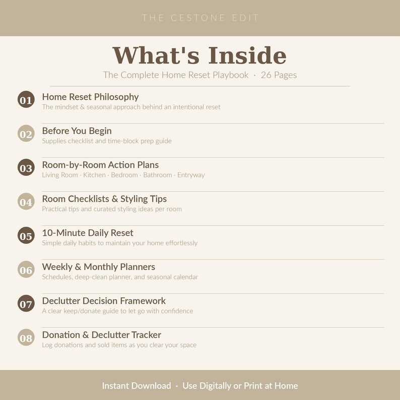 May include: A beige digital download from The Cestone Edit, titled "What's Inside". The 26-page playbook covers home reset philosophy, room-by-room action plans, checklists, styling tips, and decluttering. Includes a 10-minute daily reset and weekly/monthly planners.