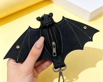 Personalized Bat Coin Purse with Keychain, PU Leather Gothic Mini Wallet, Foldable Wings Zipper Pouch