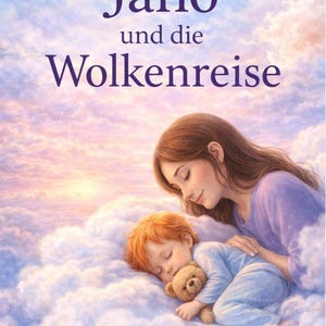 Könnte beinhalten: Buchcover-Illustration mit einem schlafenden Kind mit roten Haaren, das einen Teddybären hält und auf einer Wolke liegt. Eine Frau mit braunen Haaren blickt auf das Kind. Der Titel "Jano und die Wolkenreise" ist in Lila vor einem bewölkten Himmel.