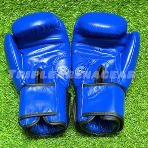 Op de afbeelding: Een paar felblauwe bokshandschoenen met zwarte details. De handschoenen zijn gemaakt van glanzend materiaal en hebben een polsband. De tekst "TRIPLE THREAT GEAR" is zichtbaar op de handschoenen.