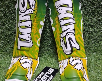 Custom Muay Thai Shin Guards Green Yellow | Kickboxing Shin Pads | MMA Leg Protection | Training Gear | Handmade Fight Gear