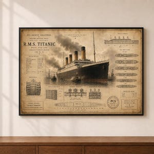May include: A framed vintage-style print of the R.M.S. Titanic featuring a central illustration of the ship with black smoke, surrounded by technical diagrams, deck plans, and historical text on a sepia-toned background with a black frame.