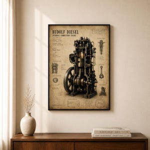 May include: A vintage-style wall art print featuring a technical diagram of a Rudolf Diesel internal combustion engine. The sepia-toned poster displays detailed mechanical schematics, cross-section views, and technical text on a weathered paper background.