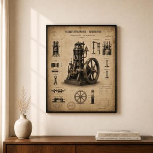 Op de afbeelding: Een ingelijste technische print in vintage-stijl op verouderd papier met een zwarte inktillustratie van een Otto-verbrandingsmotor. Het diagram bevat gedetailleerde mechanische onderdelen en de tekst VERBRENNUNGSMOTOR - SYSTEM OTTO.