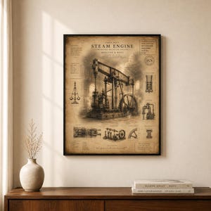 Op de afbeelding: Een ingelijste print in vintage-stijl met een technisch diagram van een James Watt stoommachine. Het sepia-kleurige kunstwerk toont gedetailleerde mechanische tekeningen, labels en de tekst 'Steam Engine' en 'Boulton & Watt' op een perkamenten achtergrond.