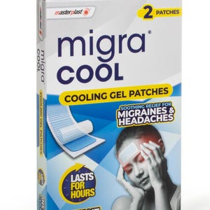 May include: A white and blue box of Migra Cool cooling gel patches. The box features the brand name, product details, and an illustration of a person with a headache. The text on the box says "Instant Cooling" and "Lasts for Hours".