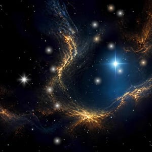 May include: A deep space nebula featuring a vast expanse of black void contrasted by swirling clouds of golden-orange cosmic dust and gas. Multiple bright white stars are scattered throughout, with one prominent star glowing with a blue light.