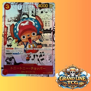 May include: A One Piece TCG card featuring Tony Tony Chopper. The card has a red and blue color scheme with Japanese text and illustrations. The card's details include a counter of +1000 and a power of 3000. The Grand Line TCG logo is in the bottom right corner.