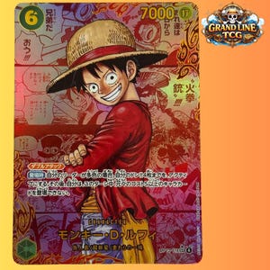 May include: A holographic trading card featuring Monkey D. Luffy from the Grand Line TCG. Luffy is depicted smiling, wearing a straw hat and a red shirt. The card has Japanese text and a power rating of 7000.
