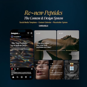 May include: A digital marketing graphic with the text "Re-new Peptides" and "The Content & Design System". The image includes a smartphone displaying an Instagram post and several carousel slides with health and wellness content.