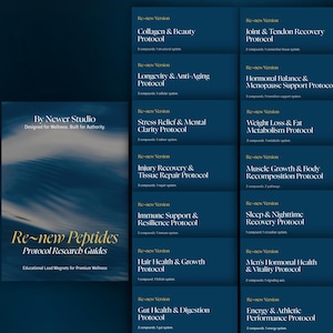 May include: A collection of Re~new Peptides Protocol Research Guides by Newer Studio, featuring a main cover and twelve rectangular cards with dark blue backgrounds and white text detailing various health and wellness protocols.