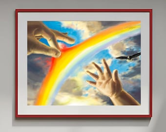 Surrealistische Malerei, Eltern- und Kinderhände, Regenbogen, Freiheitadler Poster