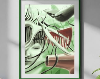 Friseur Art Print Salon Poster, Schere, Kamm, Trockner