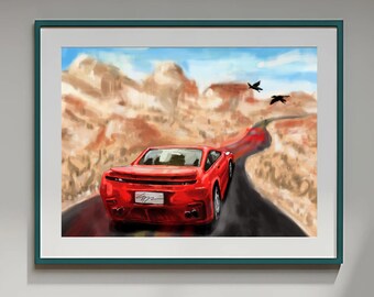 Red Sportwagen Desert Road Surrealistische Malerei Poster