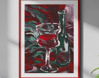 Glas und Flasche Wein - Stillleben Gemälde Poster Kunstdruck
