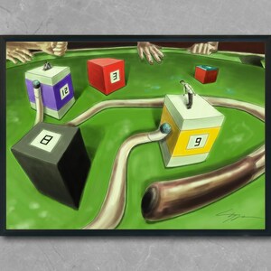 May include: An artistic illustration of a pool table with numbered cubes and a cue stick. The cubes are various colors, including purple, red, yellow, and black, with numbers 3, 8, 9, and 12. The cue stick is brown.