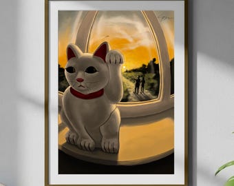 Maneki Neko Japanische Katze Poster Glück und Liebe mit Sonnenuntergang Landschaft
