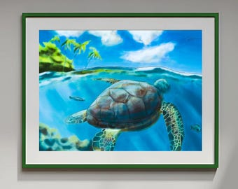 Sea Turtle Underwater Ocean, mit tropischer Landschaft und Palmen, Giclée Poster