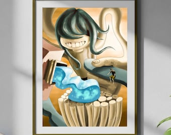 Surrealistisches Poster Mundhygiene, Zahnbürste und Zahnpasta