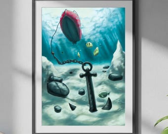 Poster Unterwasserszene mit rotem Boot, großem Anker und gelbem Fisch