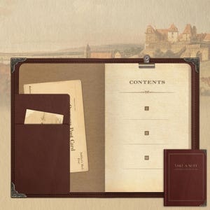 May include: A brown leather journal with the word "CONTENTS" printed on the right page. The journal has a pocket with postcards and a small notebook that says "TAKE A NOTE". The journal is open, with a clip holding the pages together.
