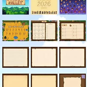 May include: A collection of Stardew Valley themed planners and stationery. The image includes a wooden sign with the game's logo, a 2026 planner, and various calendar and note pages. The color palette is earthy with brown frames.