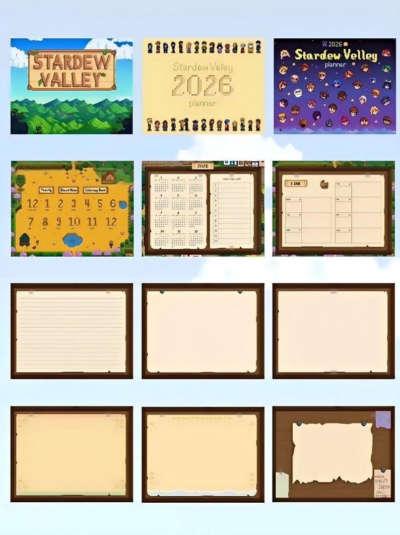 May include: A collection of Stardew Valley themed planners and stationery. The image includes a wooden sign with the game's logo, a 2026 planner, and various calendar and note pages. The color palette is earthy with brown frames.